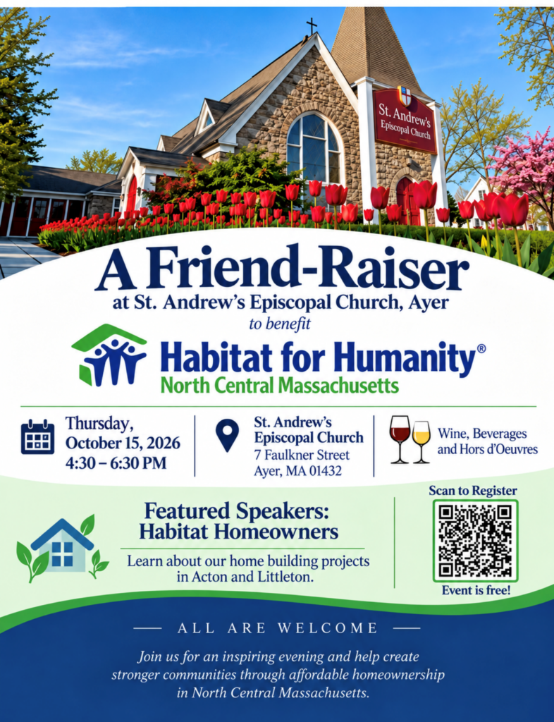 Flyer for A Friend-Raiser event at St Andrews Episcopal Church in Ayer